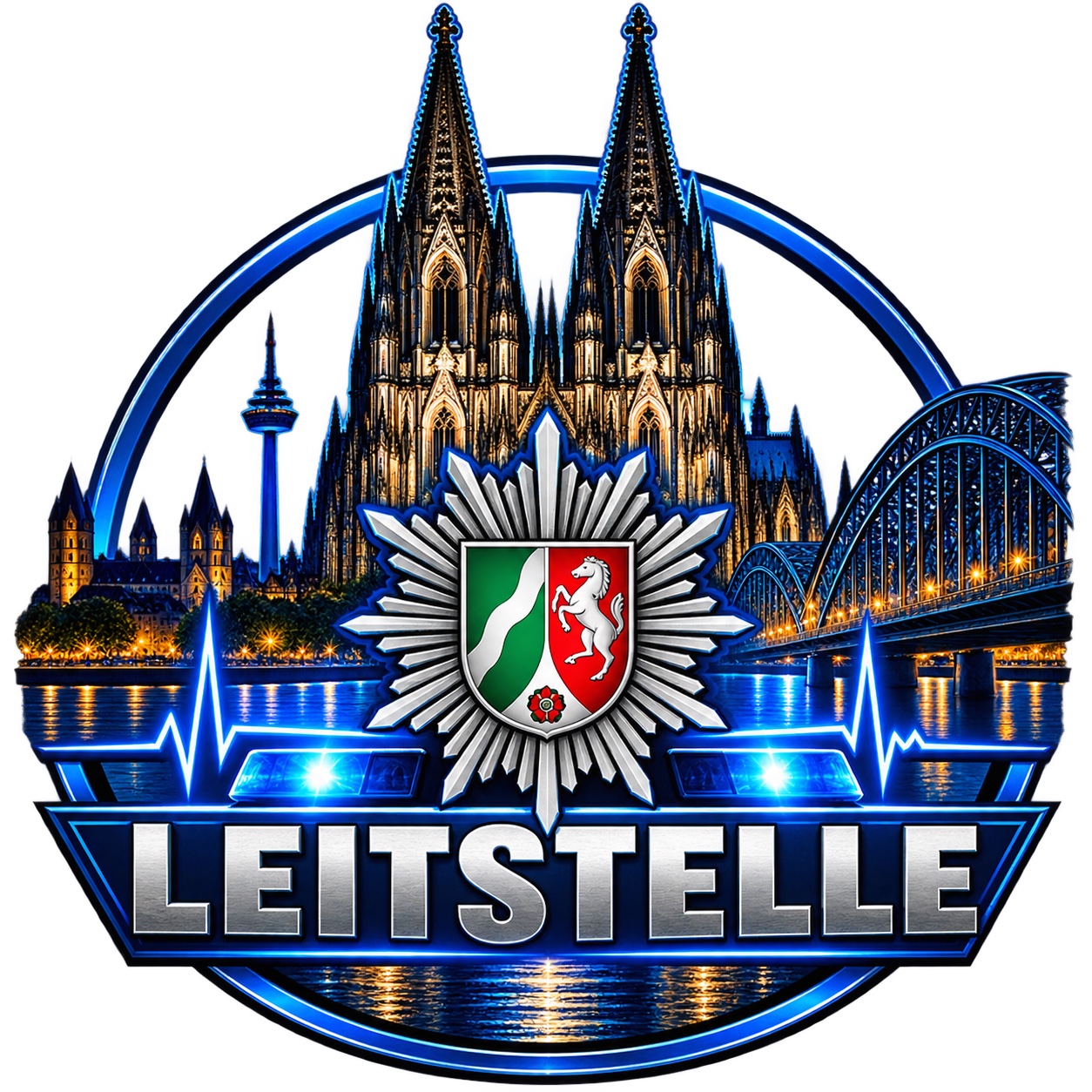 Originales Leitstellen-Logo mit Kölner Dom, Hohenzollernbrücke und Polizeistern
